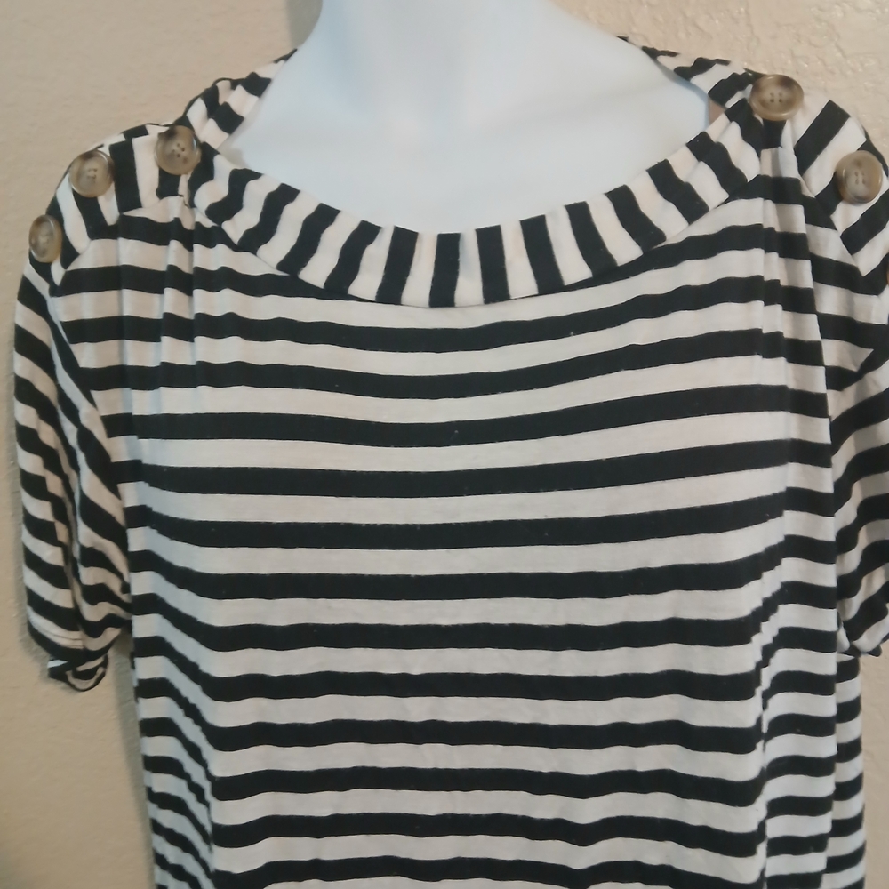 Poof! Striped Short Sleeve Top with Button Accents - Picture 2 of 5